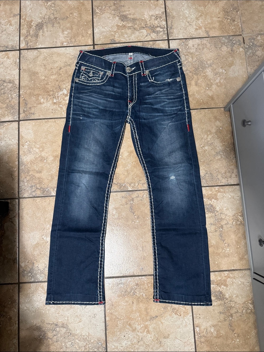 True Religion Men's Indigo Straight Jeans with Red Accents Ricky-super T